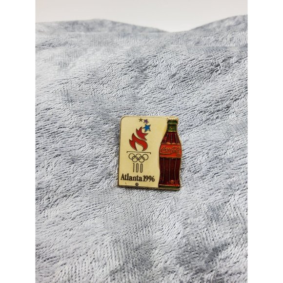 Vintage 1996 Atlanta Olympic Commemorative Lapel Pin with Torch & Retro Coke Bot - Picture 1 of 2